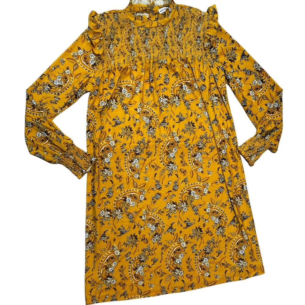 Madison + Hudson Gold Prairie Smocked Dress Size M Cottagecore Boho Country - Picture 5 of 13